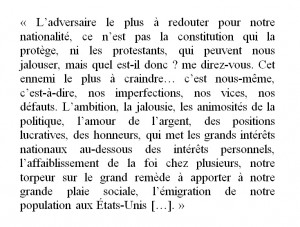 Extrait du « Discours prononcé le 25 juin 1883 par M. le curé Labelle sur la mission de la race canadienne-française en Canada », p. 14.