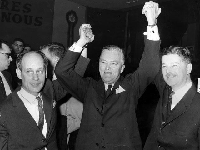 Victoire du Parti libéral de Jean Lesage aux élections de 1962. Source : Source : Archives de la Fédération des travailleurs et travailleuses du Québec (FTQ).